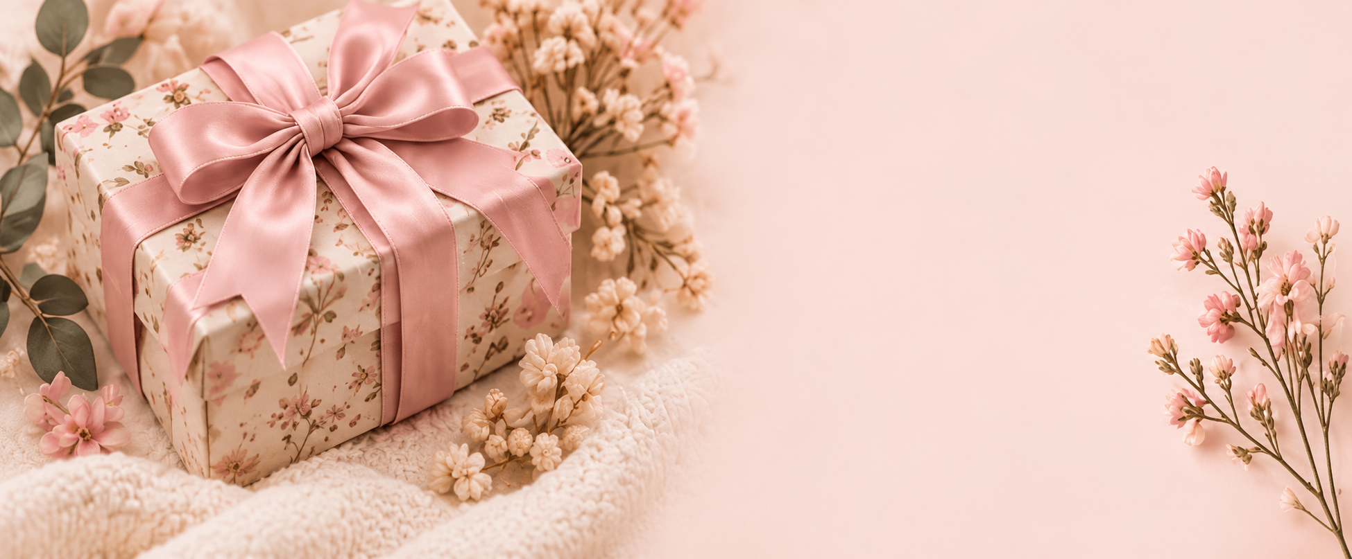 Cadeau au papier fleuri et au ruban rose